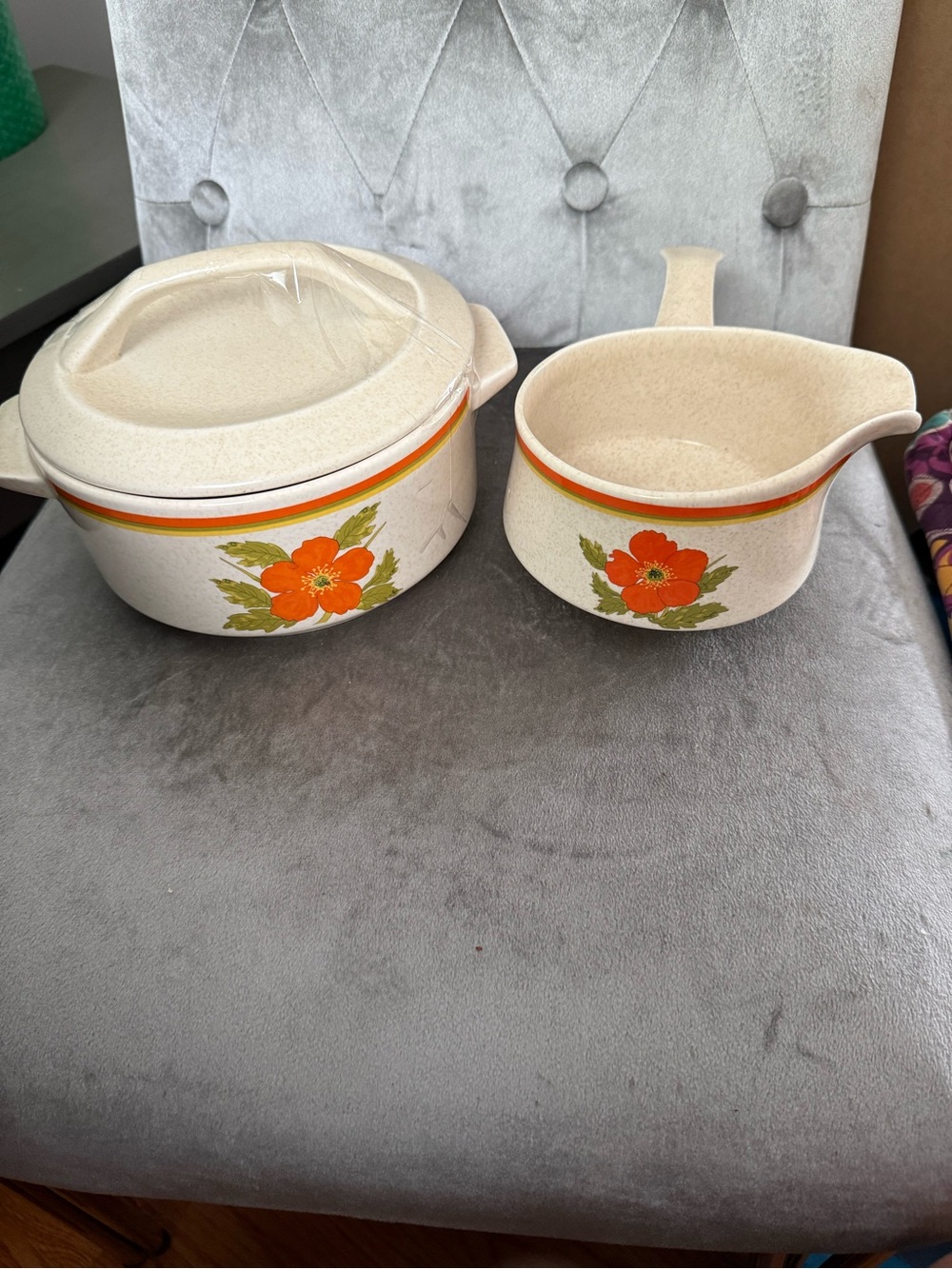Vintage 70s Lenox Temper-Ware Fire Flower Casserole Dish With Lid and gravy boat
